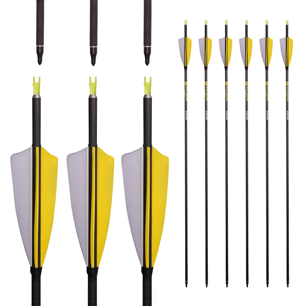 12 Pezzi ID 6,2 mm Frecce da Caccia, Spine 300 350 400 500 600 700 800 Freccia di Tiro con L'Arco, 4 Pollici Piuma di Tacchino Freccia in Puro-Carbonio