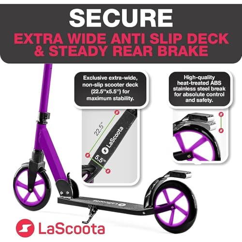 Image of LaScoota Kick Scooter for Kids Ages 6+, Teens & Adults, Large 8 inch Sturdy Urethane Wheels. Adjustable Handlebar, Lightweight, Foldable, 220lbs Max Load