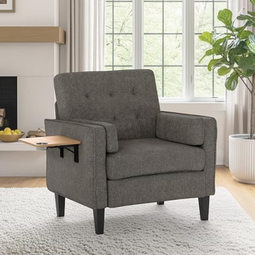 Image of Chenille Accent Chair, Mid Century Modern Arm Chair with Foldable Wooden Side Table & Cup Holder - Comfy Reading Chair for Bedroom,Living Room Chairs,Single Sofa Chair, Dark Grey