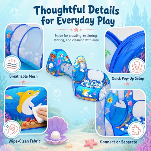Image of PigPigPen 3 in 1 Kids Play Tent with Play Tunnel, Ball Pit, Basketball Hoop for Boys & Girls, Toddler Pop Up Playhouse Toy for Baby Indoor /Outdoor, Gift for Year Old Child (Ocean 3pc Play Tent)