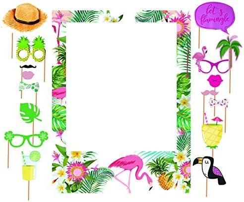SWYOUN Tropical Theme Photo Frame Photo Booth Sets Hawaiian Frame Picture Props Summer Flamingo Pineapple Photo Props Luau Party Supplies(Pack of 17)