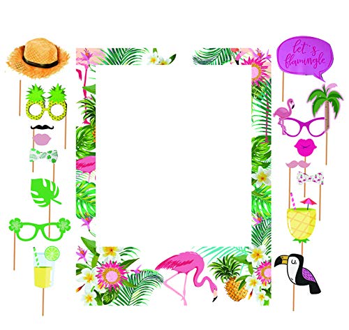 SWYOUN Tropical Theme Photo Frame Photo Booth Sets Hawaiian Frame Picture Props Summer Flamingo Pineapple Photo Props Luau Party Supplies(Pack of 17)