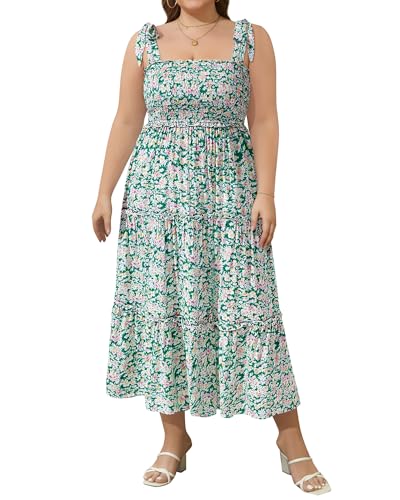 Image of Plus Size Summer Dress - Sun Boho Beach Casual Floral Tiered Smocked Long Maxi Dresses