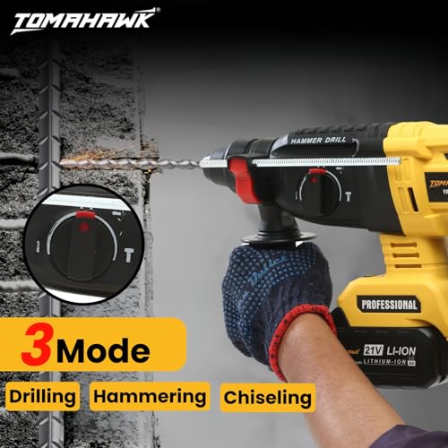 Image of TOMAHAWK YRH-7865 Cordless Rotary Hammer Drill Machine For Drilling And Chiseling-21V,4.0Ah Battery Reversible Hammer Drill Machine With Drill Bits For Home 1100Rpm,750W,26Mm