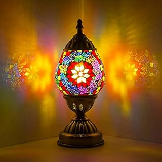 Turkish Mosaic Table Lamp Handmade Mosaic Glass Egg Shaped Lamp Tiffany Moroccan Lantern lamp Decorative Night Lights for Living Room Bedroom (Red)