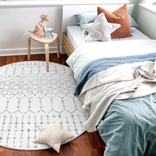 Lahome Moroccan Round Rugs - 4Ft Washable Non-Slip Small Round Area Rug For Bedroom Soft White Low-Pile Round Throw Rug, Modern Geometric Print Indoor Circle Rugs For Kitchen Living Room Sofa Nursery thumb #5