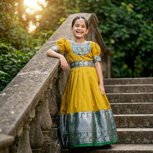 Image of Girls Silk Pattu Gown for Kids Traditional South Indian Long Ethnic Dress | Baby Girl Festival Pavadai Sattai Style Party Wedding Birthday Special Occasion Outfit