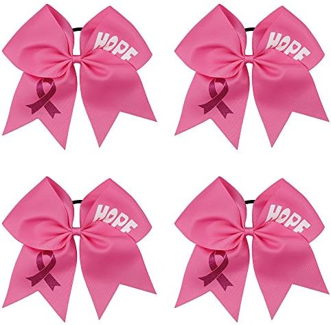 Subesty 7”Large Breast Cancer Awareness Girls Cheerleader Hair Bow Elastic Ponytail Holder For Cheerleader Girls Set Of 4