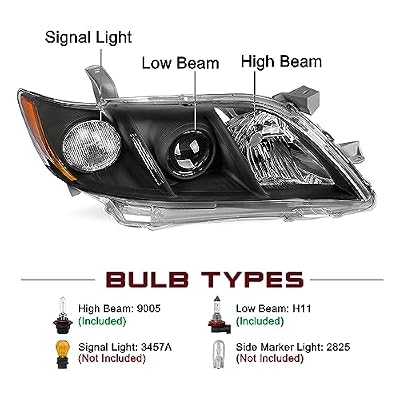 JSBOYAT Headlight Assembly Compatible with 2007-2009 Toyota Camry 4 Door Exclude Hybrid Replacement Headlamp Passenger and Driver Side Black Housing with Amber Reflector (Bulbs Included)