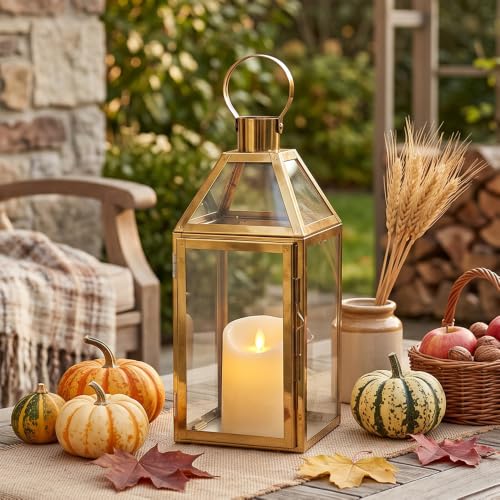 JHY Design Lanterne decorative d'oro Lanterne a candela in acciaio inox, 34 cm di altezza Lanterna appesa da balcone per candele Feste all'aperto Regalo di nozze Giardino Corridoio Soggiorno