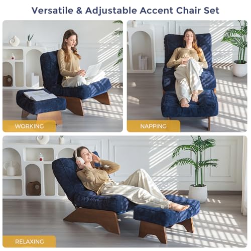 Image of MAXYOYO Accent Chair with Ottoman, Lounge Chair with Adjustable Backrest | Tufted Living Room Chair Upholstered Lounge Chair with Footrest Set, Modern Chair for Reading Room, Navy
