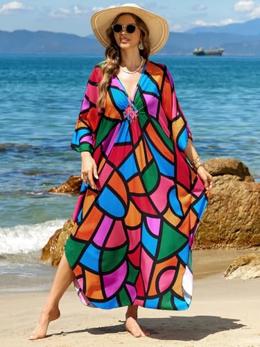 Image of IMAGEKOPE Women's Plus Size Animal Print V-Neck Batwing Kaftan Beach Dress Bathing Suit Cover-Up Loungewear