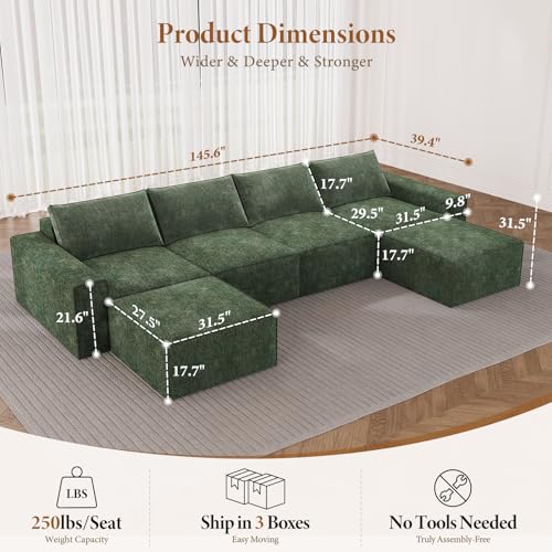 Image of Vesgantti 145.6 inch Modular Boneless Couch, Modern U Shaped 6 Seater Sectional Sofa with 2 Ottoman & Deep Seat, Convertible Chenille Cloud Couches for Living Room, No Assembly Required, Green