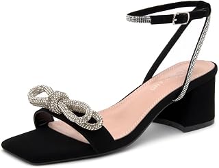 Low Block Heels for Women – Square Open Toe Ankle Strap Chunky Heels | Slingback Dress Sandals with Double Bowknots for Wedding, Bridal & Party