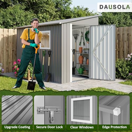 Image of DAUSOLA 5x7.7 FT Outdoor Storage Shed, Metal Garden Tool Shed with Updated Frame Structure, Lockable Doors and Windows, Ideal for Backyard Garden Patio Lawn, Grey