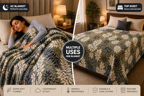 Image of Flannel AC Blanket (78x88 Inches) - 155 GSM Lightweight Ultra Soft Cooling Blanket, Multipurpose AC Blanket & Warm Top Sheet for Medium Beds, Breathable & Cozy, Grey & Gold