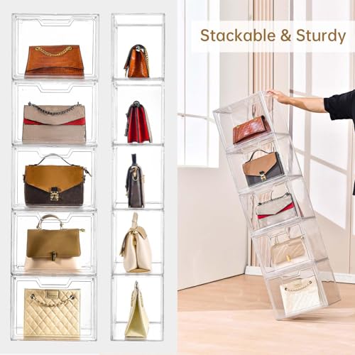 Image of Stackable Purse Organizer for Closet, 5 Pack Clear Acrylic Display Case | Storage Boxes /Bins with Lids, Closet Organizers and Storage for HandBags, Hat, Collectibles and Lego