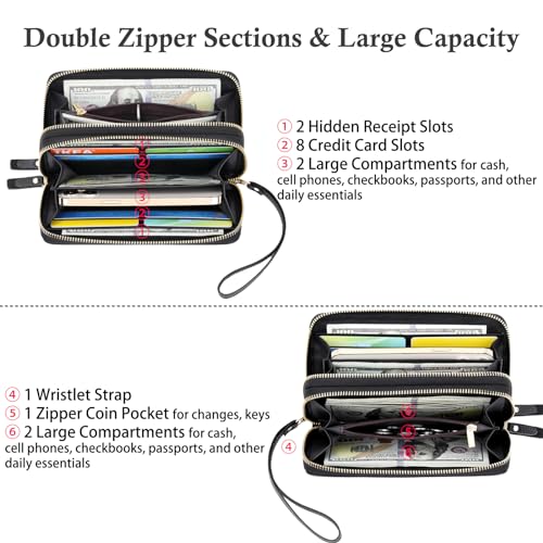 Wallets for Women Wristlet RFID Blocking Genuine Leather Double Zipper Credit Card Holder Large Ladies Clutch Purse2