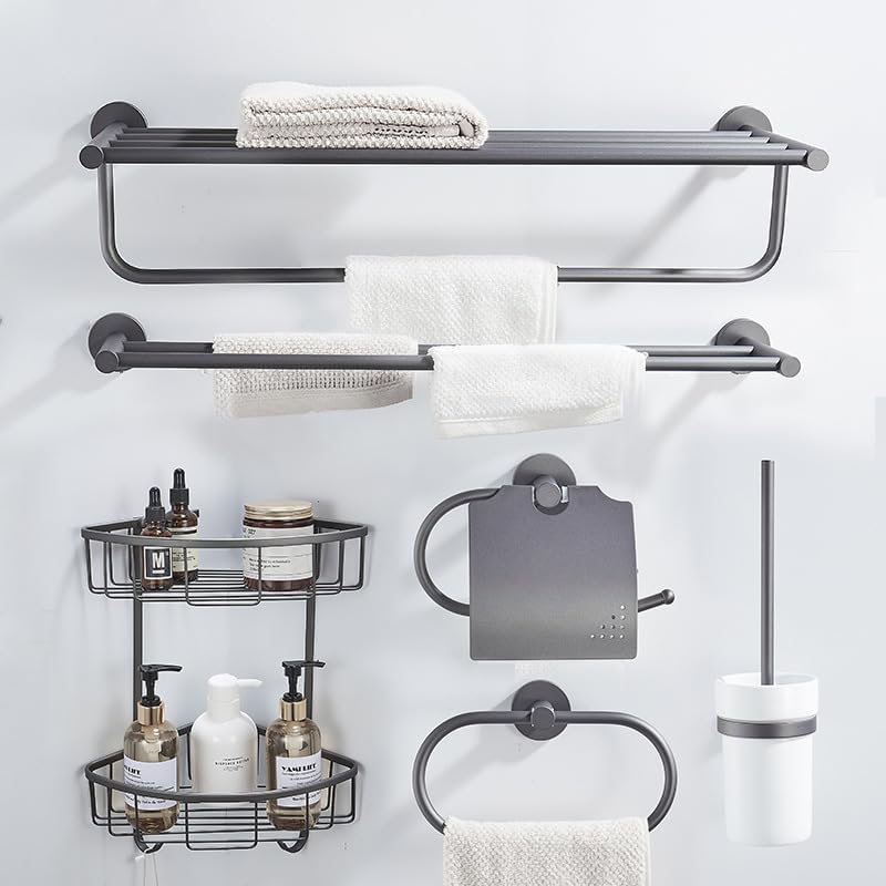 Towel Rack, Bath Towel Holder, Bathroom Shelf, Bathroom Pendant Set, Grey - Towel Ring