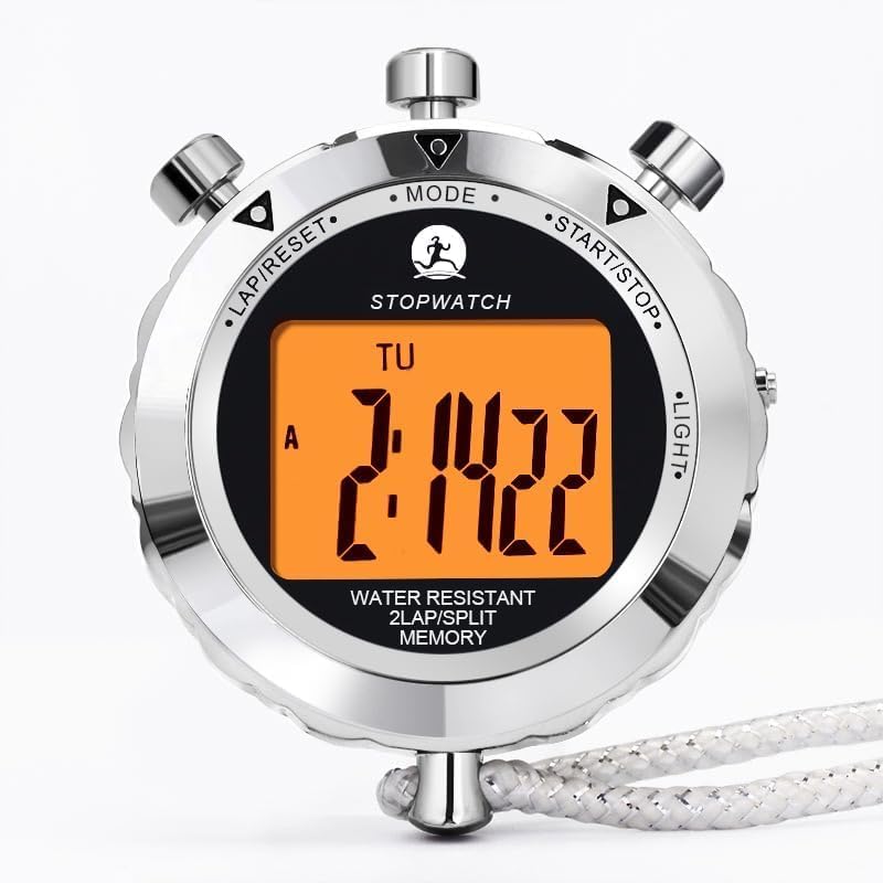 Rolilink Digital Stopwatch Timer Metal Stop Watch with Backlight, 2 Lap Stopwatch Timer for Sports Competition