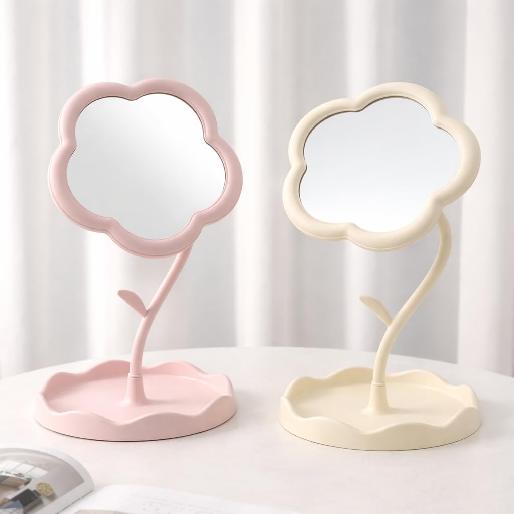 Flower Shape Makeup Mirror with Tray | 360° Rotatable Tabletop Decorative Mirror for Bedroom, Bathroom & Living Room | Elegant Vanity Mirror for Home Decor & Multicolor-image-8