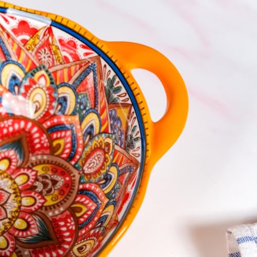 Image of Nestasia Mandala Ceramic Serving Bowl with Handles (1500 ml) - Microwave & Dishwasher Safe Snack Bowl | Ribbed Floral Bowl with Glossy Finish - Ideal for Soup, Curries, Salad & Noodles (Yellow)