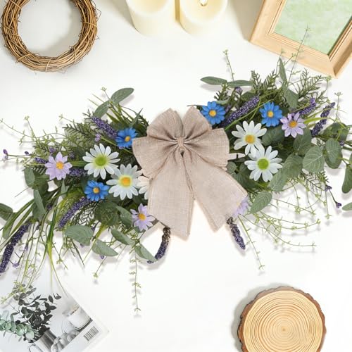 2 Pcs Spring Floral Teardrop Swags 24" Wildflower & Daisy Swag Decor with Linen Bows, Artificial Summer Greenery Swags for Door, Wall, Mantel, and Wedding Decor by EYNDYN - Used condition - Image 2