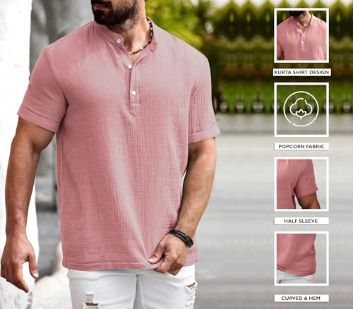 Image of Zombom Men's Polycotton Solid Short Kurta | Regular Fit | Half Sleeve | Mandarin Collar | Lightweight Casual Wear for Daily, Summer Comfort & Smart Look