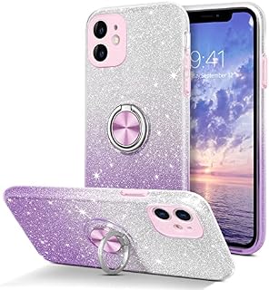 GUAGUA iPhone 11 Case, iPhone 11 Phone Case Glitter Bling Sparkly Slim 360° Ring Holder Kickstand Support Magnetic Car Mount Protective Girls Women Cover for iPhone 11 6.1 inch, Purple