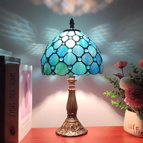 Image of Small Tiffany Table Lamp 8 Inch Blue Pearls Style Tiffany Style Stained Glass Antique Light Bedroom Bedside Lamp Retro Reading Light