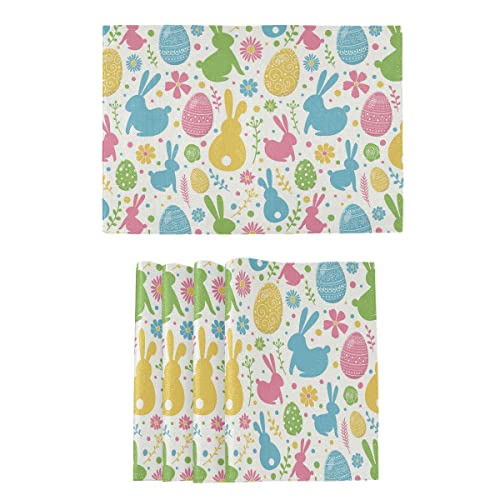 Happy Easter Day Bunny Eggs Placemats Set Of 4 Easter Day Peep Rabbit Spring Flowers Table Mats Burlap Placemat Kitchen Mat Dining Room Holiday Decoration 12" X 18" Washable Fast Dry #TOP4