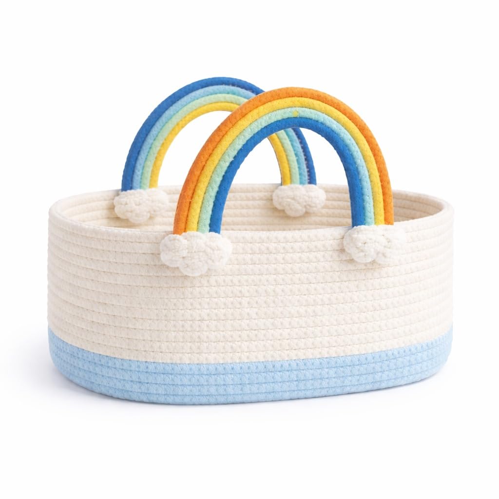Handmade Cotton Rope Storage Basket with Rainbow Handles for Kids | Decorative Nursery Organizer Bin Clothes & Gifts | Soft Woven Multipurpose Basket (Blue & White Multicolor)-image-24