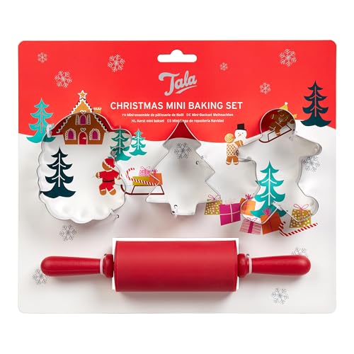 Tala Christmas Themed Mini Baking Set, Perfect for Festive Family Baking and Includes Santa, Christmas Tree and Gingerbread Cutters and a Handy Silicone Rolling Pin