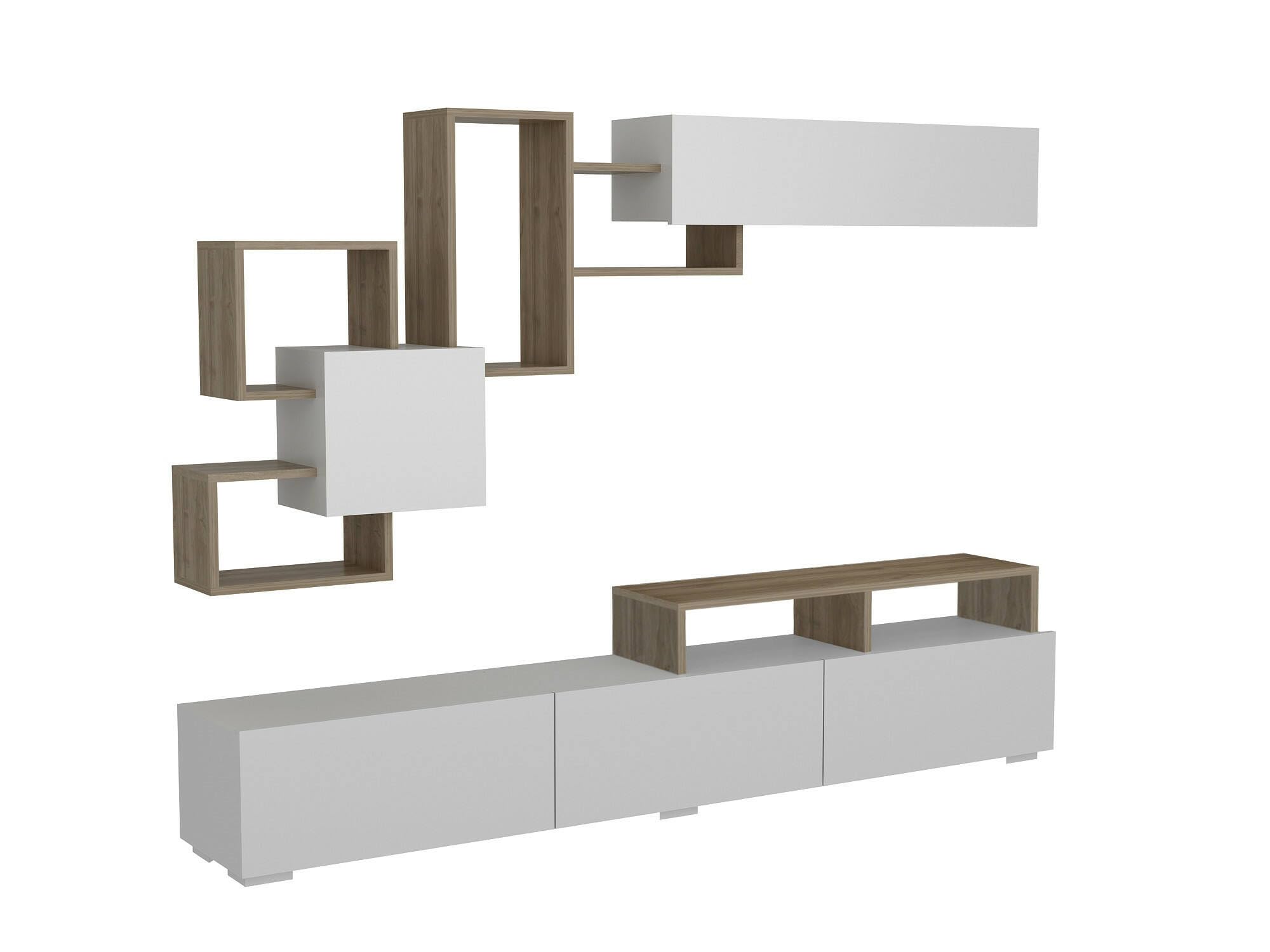 Dmora - Parete attrezzata Thalassa, Composizione soggiorno, Mobile salotto multiuso, Armadio porta TV, 210x37h47 cm, Bianco e Noce