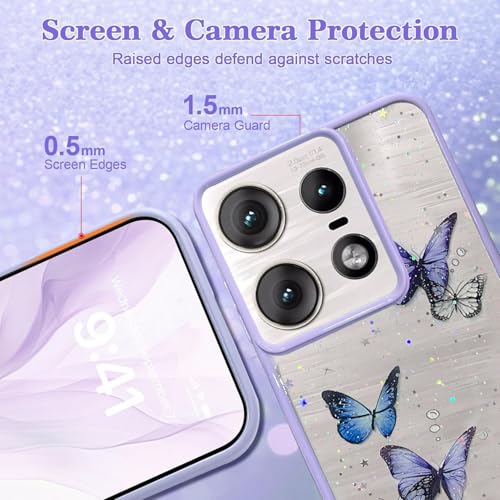 Image of VONZEE for Moto Edge 50 Pro Clear Glitter Butterfly Case, Cute Bling Sparkle Shiny Soft Silicone TPU Bumper Shockproof Women Girls Slim Protective Phone Cover for Moto Edge 50 Pro, Purple