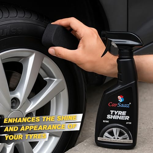 Image of CAR SAAZ Tyre Polish 380ml for Instant Shine | Shiner & Restorer | Prevents Fading and Cracking | Non-Greasy Long Lasting Deep Gloss | Tyre Dresser Spray Polish - 380ml (Pack of 1)