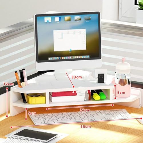 Supporto per monitor angolare bianco, supporto triangolare per scrivania, con spazio di archiviazione, organizer da scrivania in legno per scrivania da ufficio