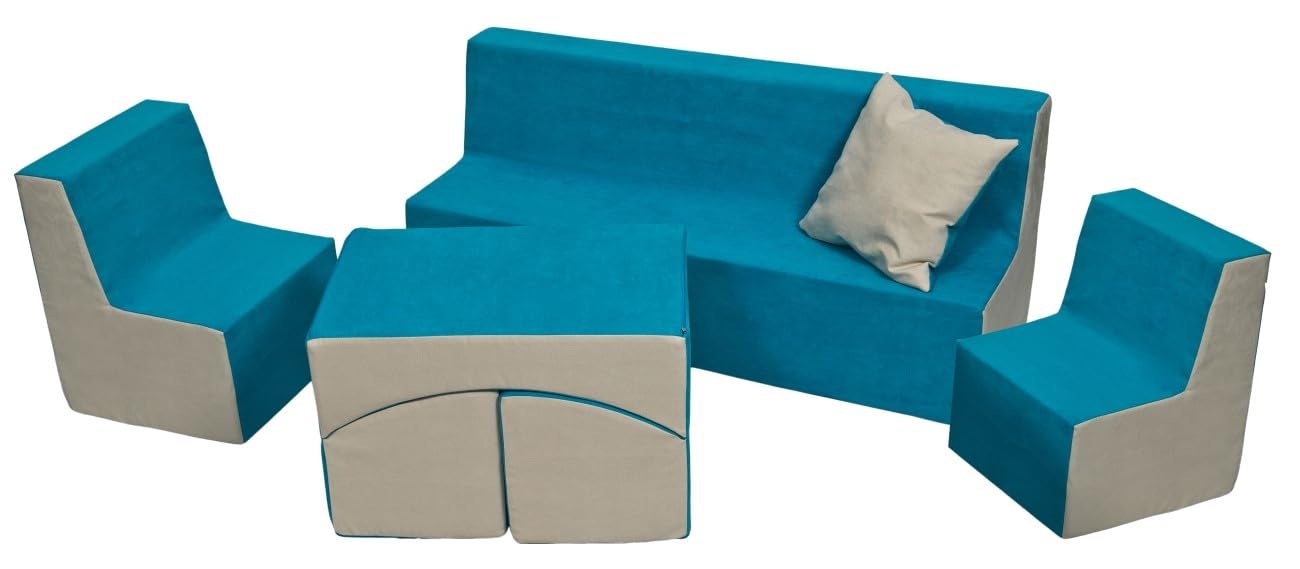 Velinda Kindersitzgruppe: 2xKinderstuhl+Sitzbank+Liegestuhl Kinderzimmermöbel Spiel-Set (Farbe: blau-beige)