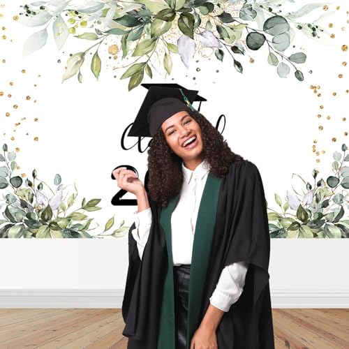 Mocsicka 7x5ft Class of 2026 Banner Backdrop Sage Green 2026 Graduation Decorations Backdrop Green Leaves Congrats Grad Banner for 2026 Graduation Background Party Supplies by Mocsicka - Used condition - Image 3