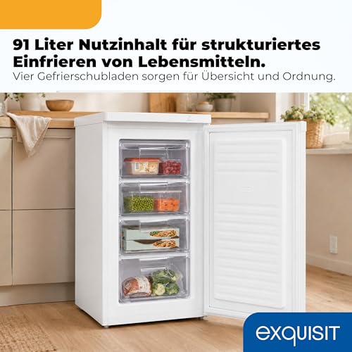 Exquisit Gefrierschrank | 91 l Nutzinhalt, Energieeffizienzklasse E, 40 dB(A) | kompakte Bauform, 4-Sterne-Gefrieren, manuelle Temperaturregelung, wechselbarer Türanschlag | GS512-040E weiss