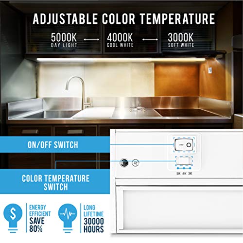 PARMIDA LED Swivel Under Cabinet Lighting, Hardwired or Plug-in Installation, 3 Color Temperature Slide Switch, Rotatable Lens, Dimmable, Linkable, ETL & Energy Star, 3000K-5000K, 120V, 8W – 12 Inch