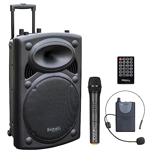 Cassa bluetooth Portatile Ibiza - PORT15UHF-BT - Sistema di altoparlanti portatili da 15"/800W MAX con 2 microfoni (UHF), telecomando e custodia protettiva - Bluetooth, USB, SD & TWS - autonomia da 6 a 8 ore - Speaker Box