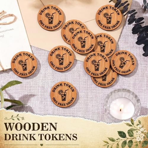 Image of Marsui 100 Pcs Wooden Drink Tokens Bulk for Wedding Personalised Drink Tickets Poker Chips for Guest Wedding Favours Beverage Birthday Parties Bar Table Decoration Supplies (Iced Drinking Cup Pattern)