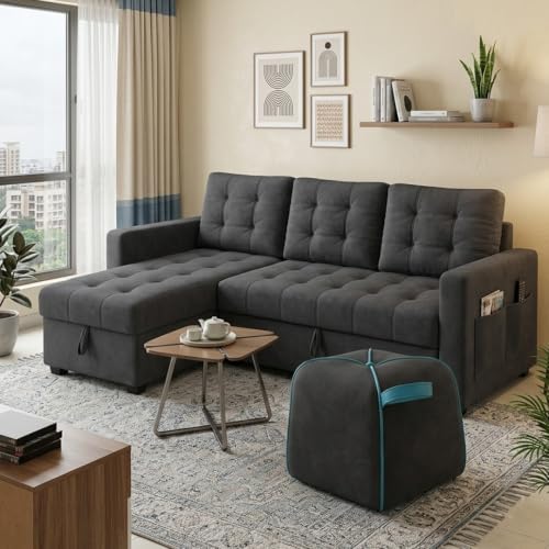 Image of CASASTYLE Sumur 5 Seater LHS L Shape Sofa with Pull Out Bed, Storage Lounger & Suri Pouf Ottoman | Soft Velvet Suede Fabric | Comfort Cushions | Ideal for Living Room, Hotel & Office (Dark Grey)