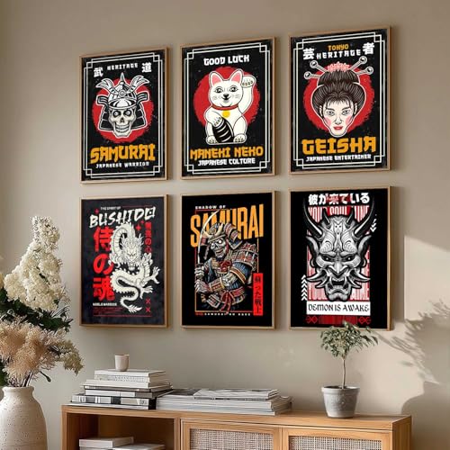 Image of HOTHOUSE Japanese Samurai Art Wall Framed Posters | Aesthetic Japanese Theme Framed Poster for Living Room Bedroom Gaming Room Studio Wall Decor Set Of 6 (13X17 inch)