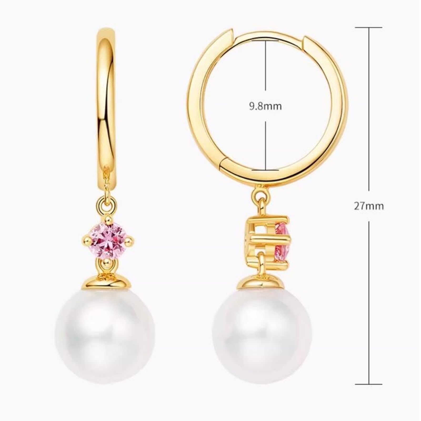 9K/14K/18K Gold Ohrringe Creolen Hängend, Perle 7.5-8mm Pinker Saphir Huggie Ohrringe Damen Echt Gold