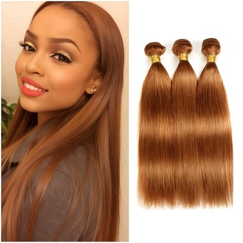 KODRHAR 12A Light Brown Straight Human Hair Bundles 10 12 14 Inch Double Weft Brazilian Straight Human Hair Extensions for Black Women 3 Bundles 30 Color