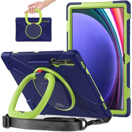 Coque Samsung Galaxy Tab S10 Ultra 14.6 2024 antichoc avec poignée rotative et bandoulière bleu