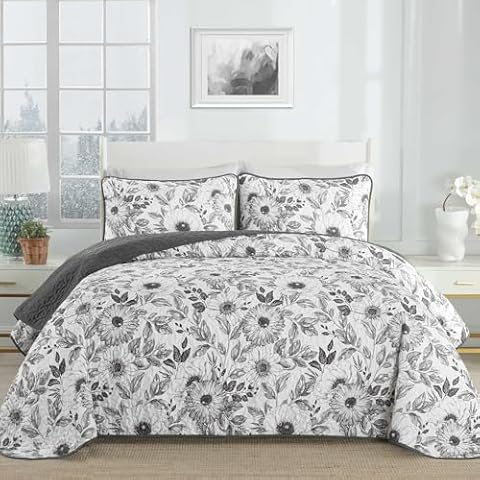 Drucon Grey Floral Quilt Set King Size 3 Pieces Botanical Flower Quilt Coverlet Set with 2 Pillowcases Lightweight Soft Microfiber Bedding Set Bedspread for All Season 104"x90" Cover