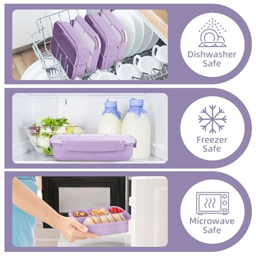 Image of QQKO Bento Box Adult Lunch Box, Lunch Containers for Adults Men Women, Kids Lunch Boxes for School with 4 Compartments, Sauce Container, Utensils and Muffin Cups, Purple